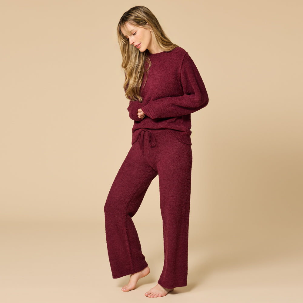 Solid Marshmallow Reverse Seam Crew Neck Lounge Set with Bracelet Sleeve
