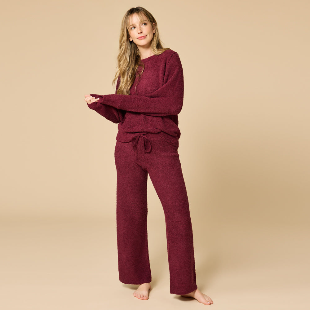 Solid Marshmallow Reverse Seam Crew Neck Lounge Set with Bracelet Sleeve