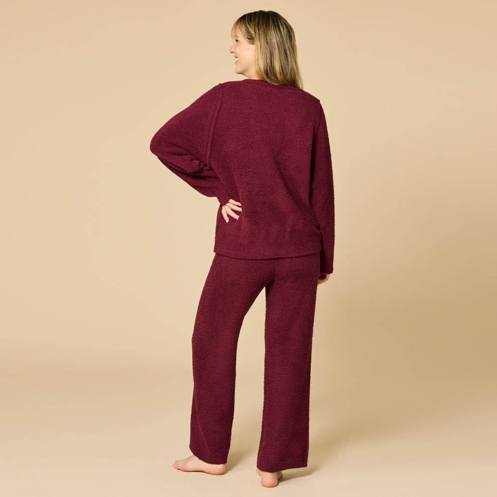 Solid Marshmallow Reverse Seam Crew Neck Lounge Set with Bracelet Sleeve