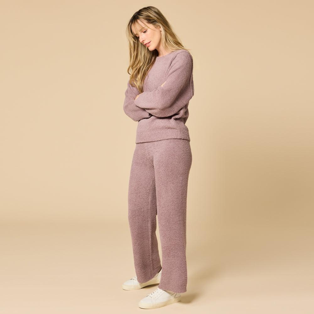 Solid Marshmallow Reverse Seam Crew Neck Lounge Set with Bracelet Sleeve