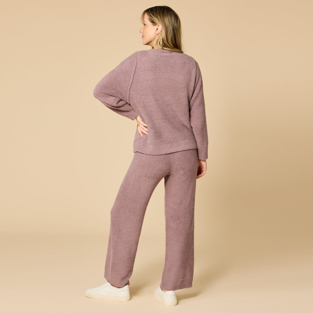 Solid Marshmallow Reverse Seam Crew Neck Lounge Set with Bracelet Sleeve