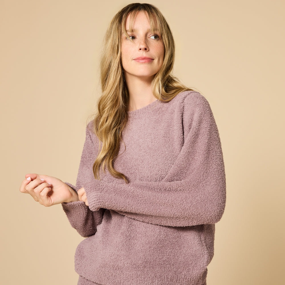 Solid Marshmallow Reverse Seam Crew Neck Lounge Set with Bracelet Sleeve