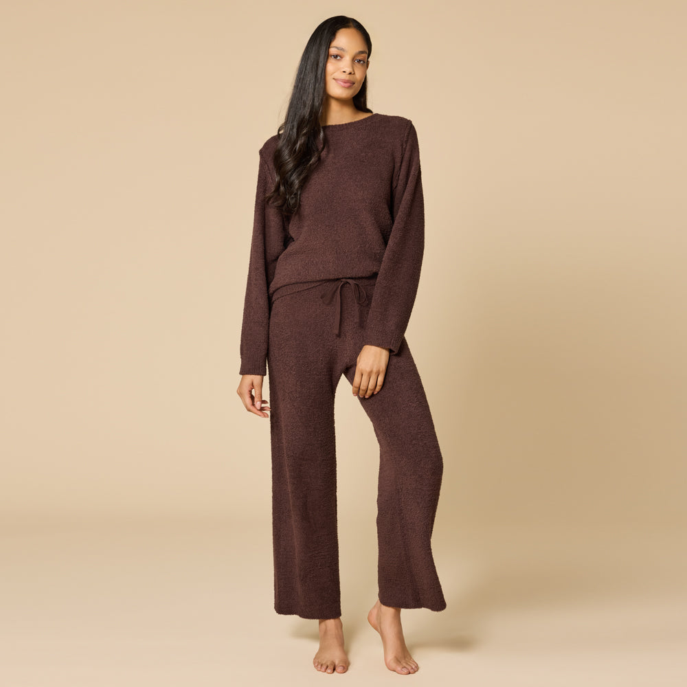 Solid Marshmallow Reverse Seam Crew Neck Lounge Set with Bracelet Sleeve