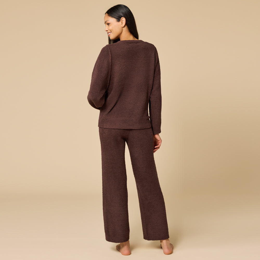 Solid Marshmallow Reverse Seam Crew Neck Lounge Set with Bracelet Sleeve