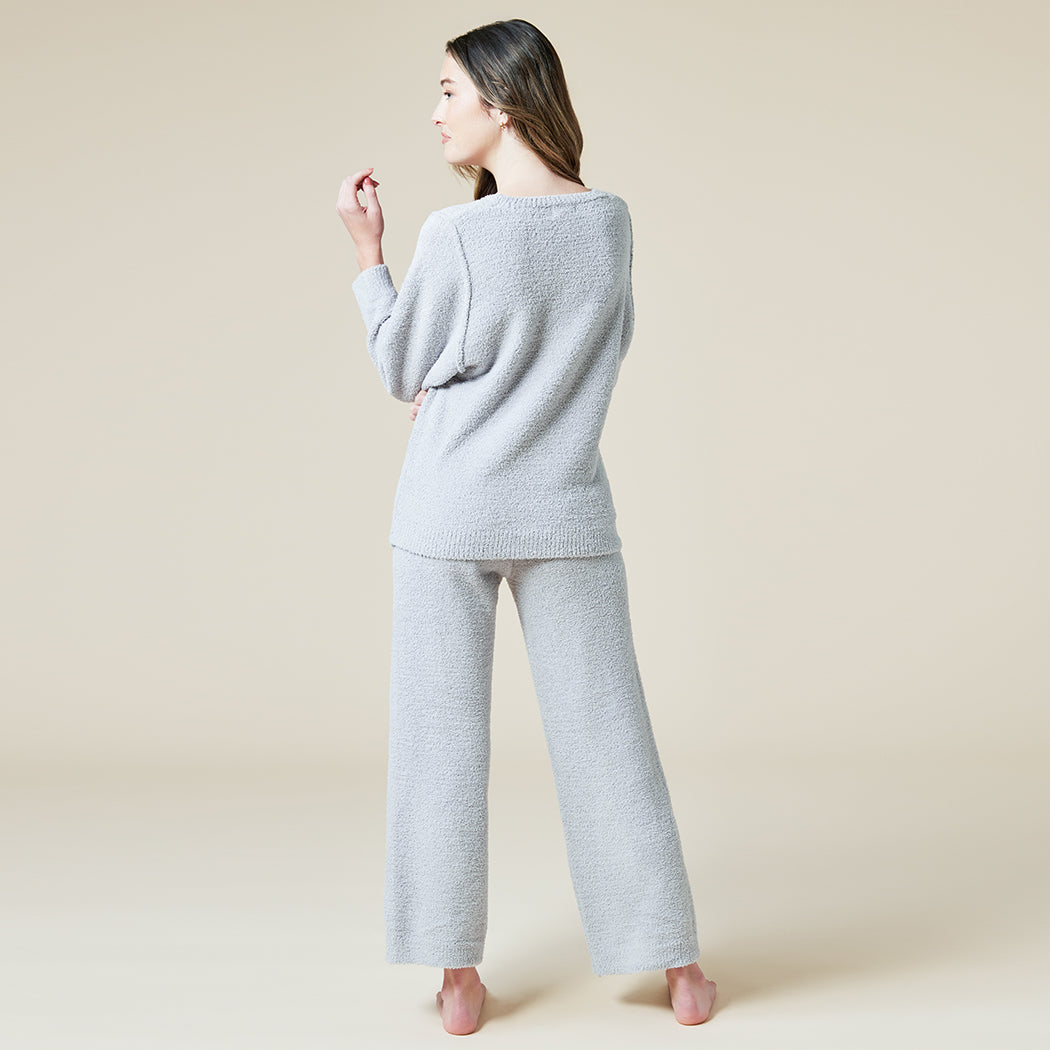 Solid Marshmallow Reverse Seam Crew Neck Lounge Set with Bracelet Sleeve
