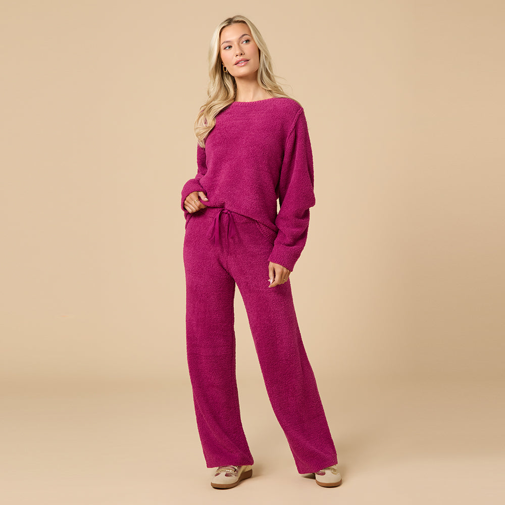 Solid Marshmallow Reverse Seam Crew Neck Lounge Set with Bracelet Sleeve