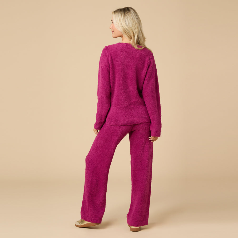 Solid Marshmallow Reverse Seam Crew Neck Lounge Set with Bracelet Sleeve