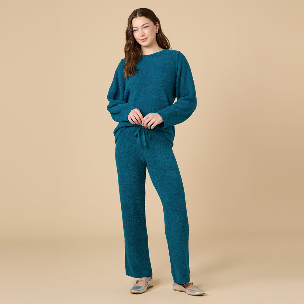 Solid Marshmallow Reverse Seam Crew Neck Lounge Set with Bracelet Sleeve