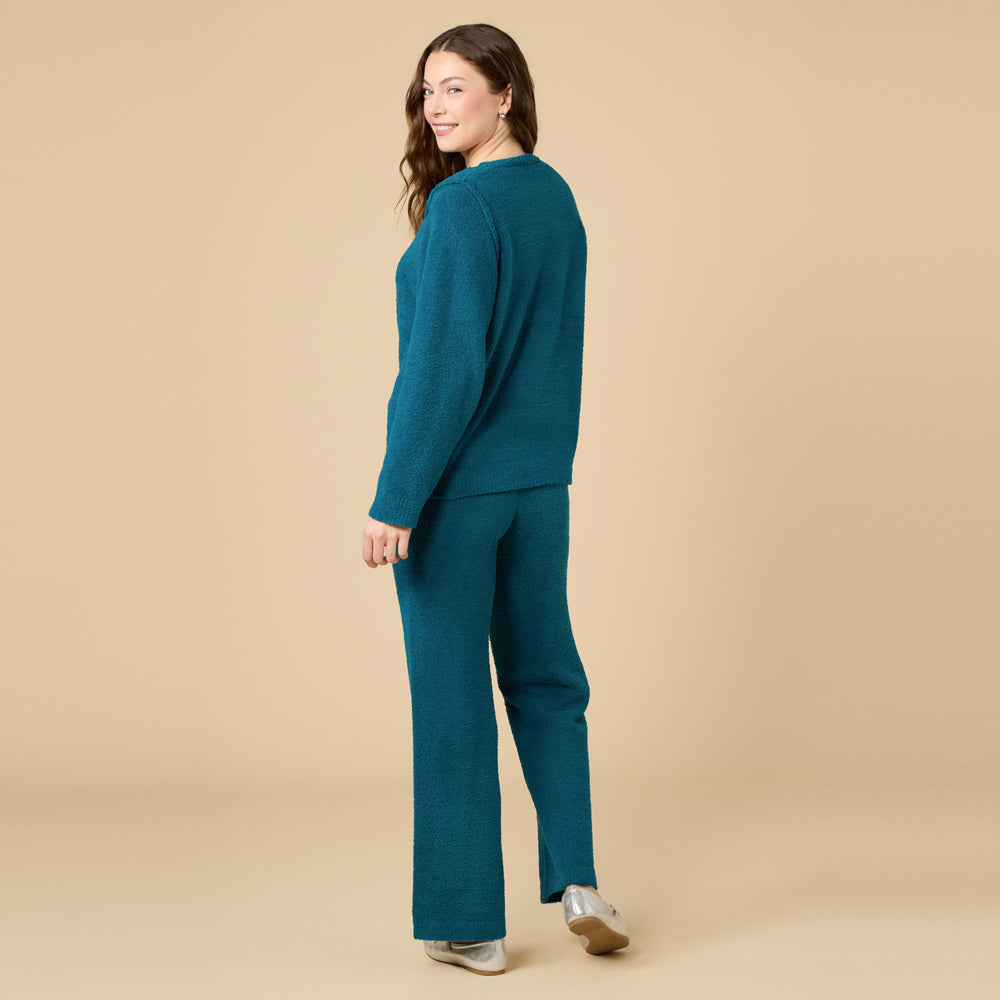 Solid Marshmallow Reverse Seam Crew Neck Lounge Set with Bracelet Sleeve