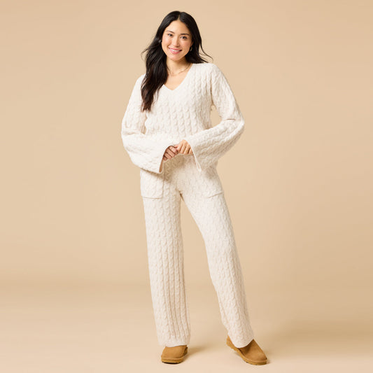 Cable Knit Marshmallow V-Neck with Flared Sleeve and Pant