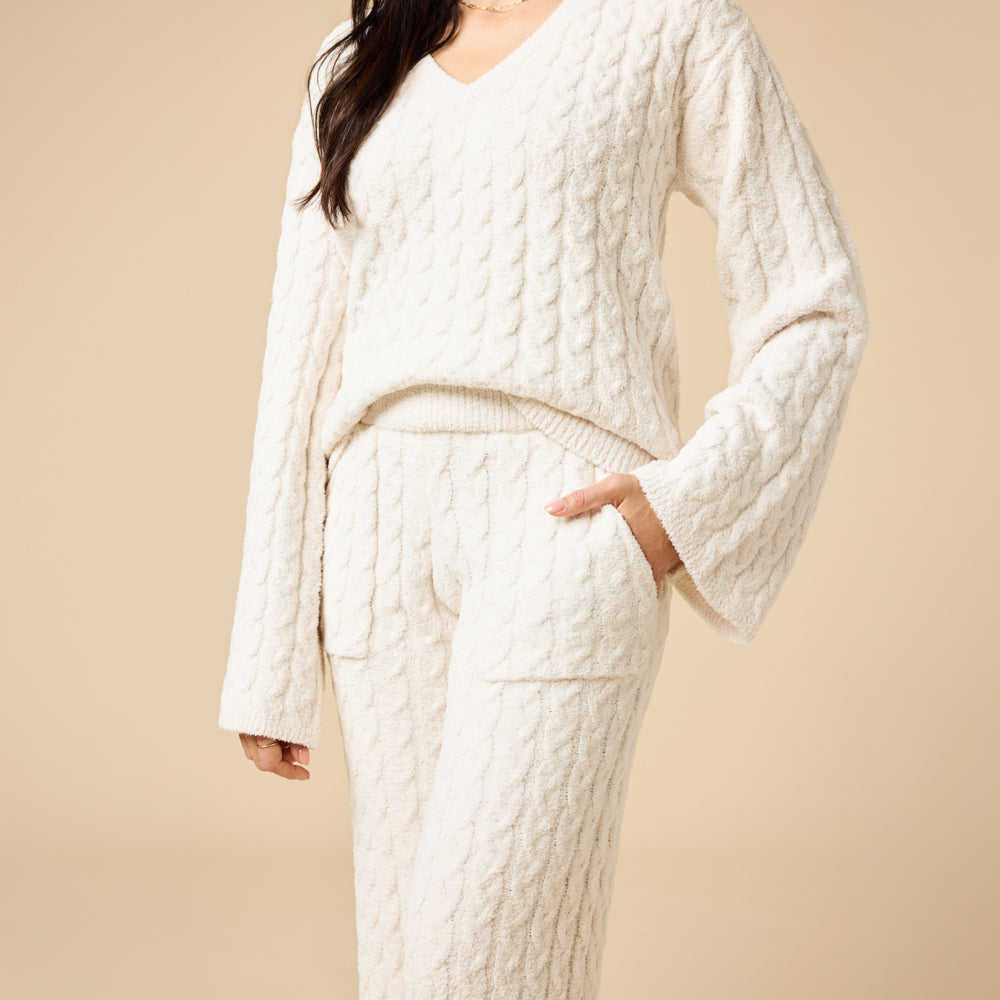 Cable Knit Marshmallow V-Neck with Flared Sleeve and Pant