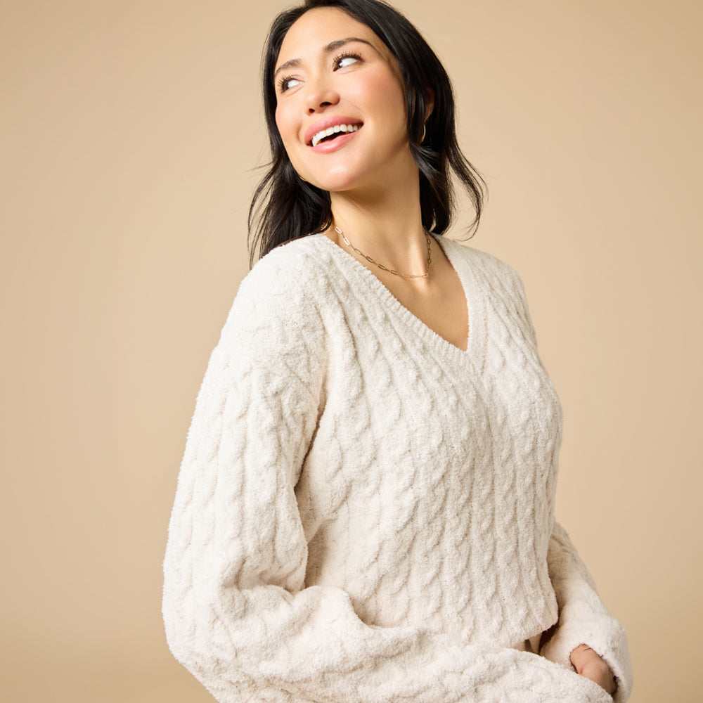 Cable Knit Marshmallow V-Neck with Flared Sleeve and Pant