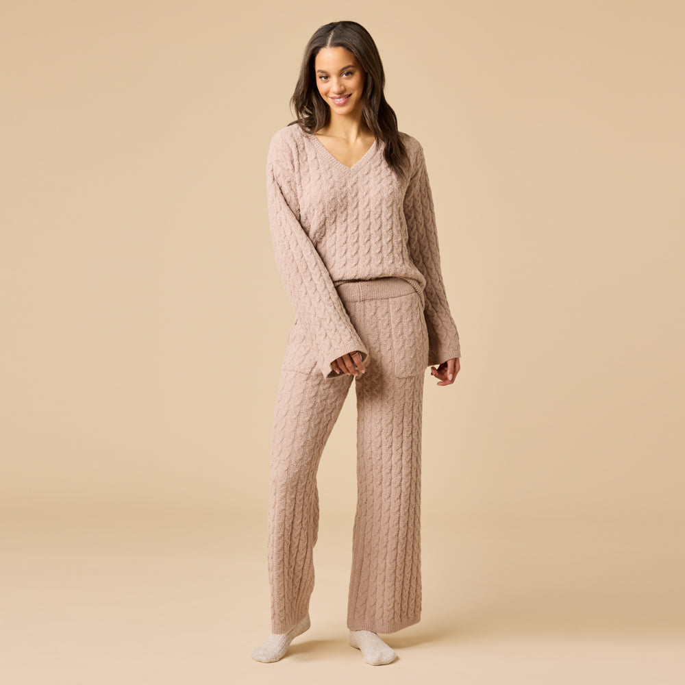 Cable Knit Marshmallow V-Neck with Flared Sleeve and Pant