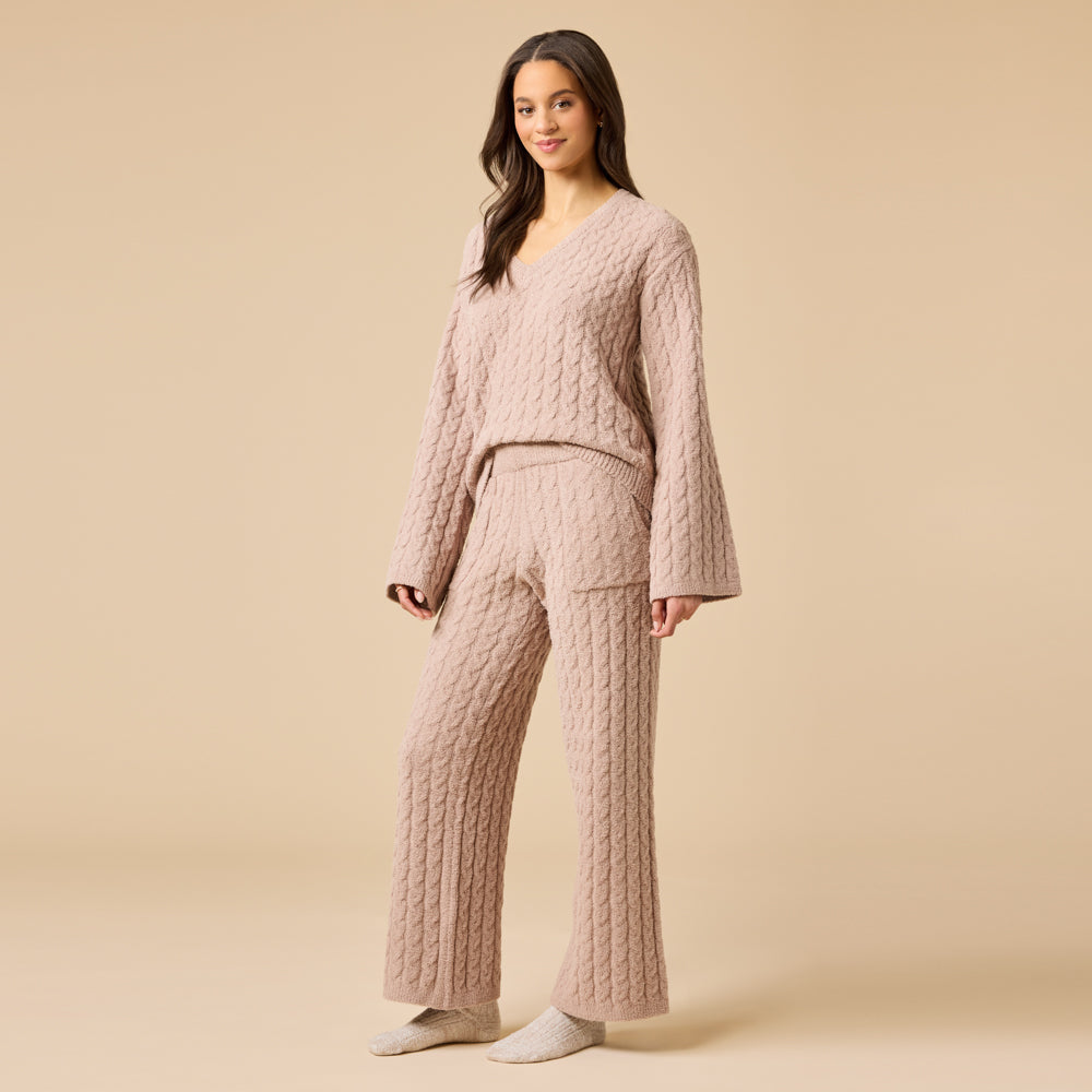 Cable Knit Marshmallow V-Neck with Flared Sleeve and Pant