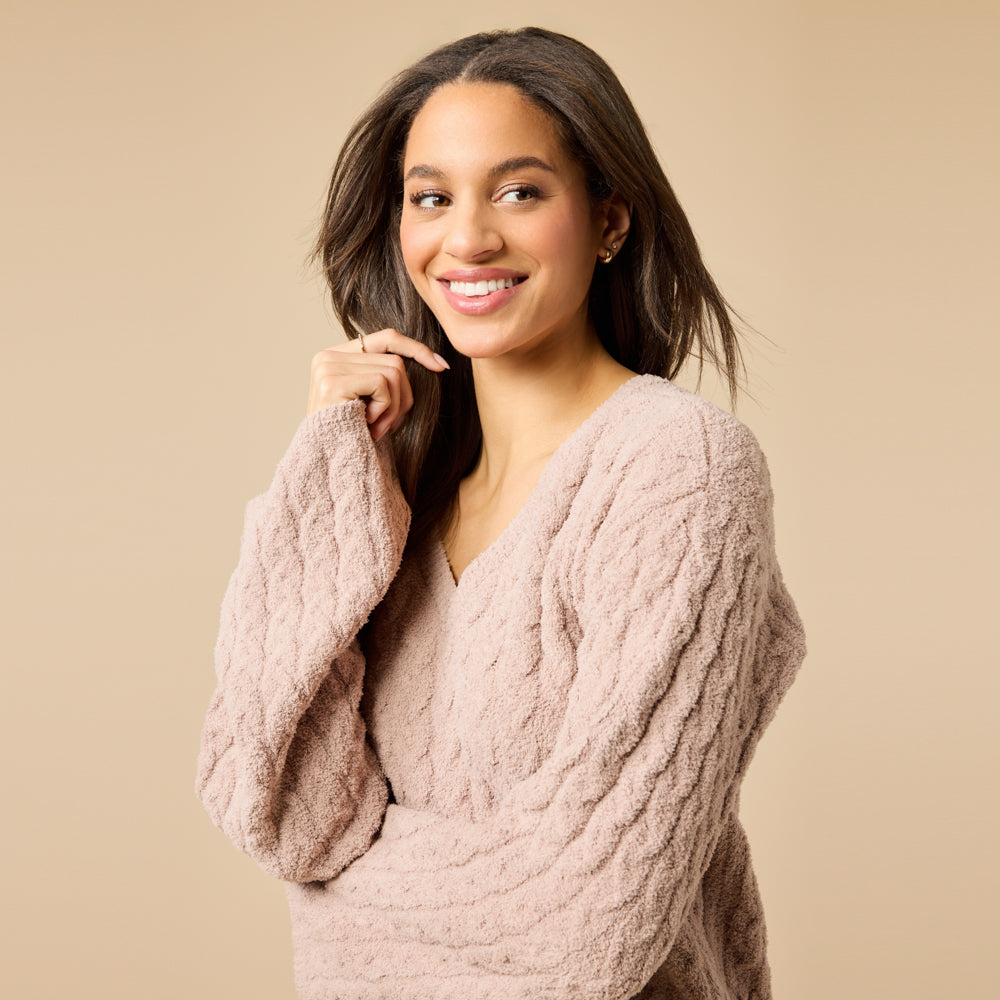 Cable Knit Marshmallow V-Neck with Flared Sleeve and Pant