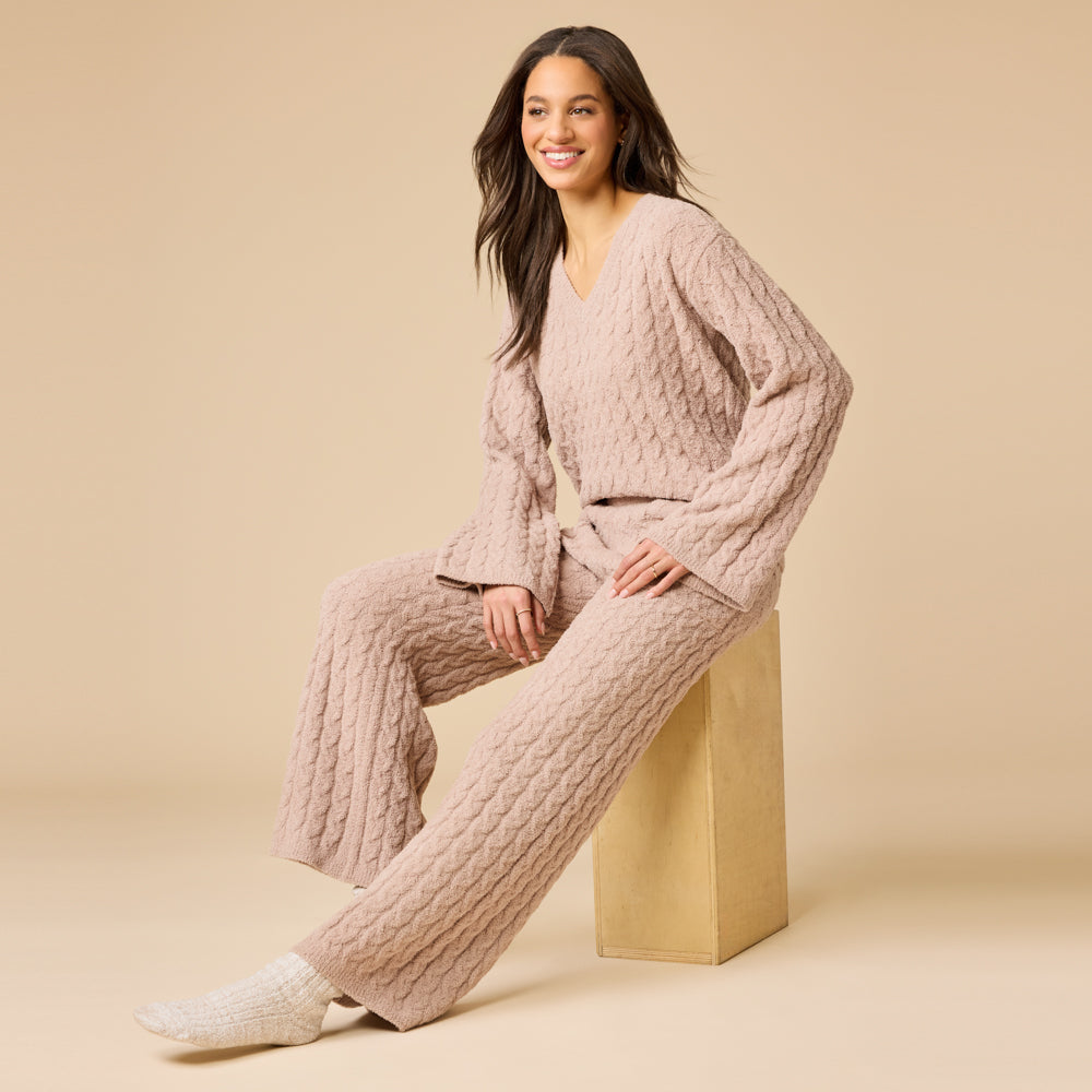 Cable Knit Marshmallow V-Neck with Flared Sleeve and Pant