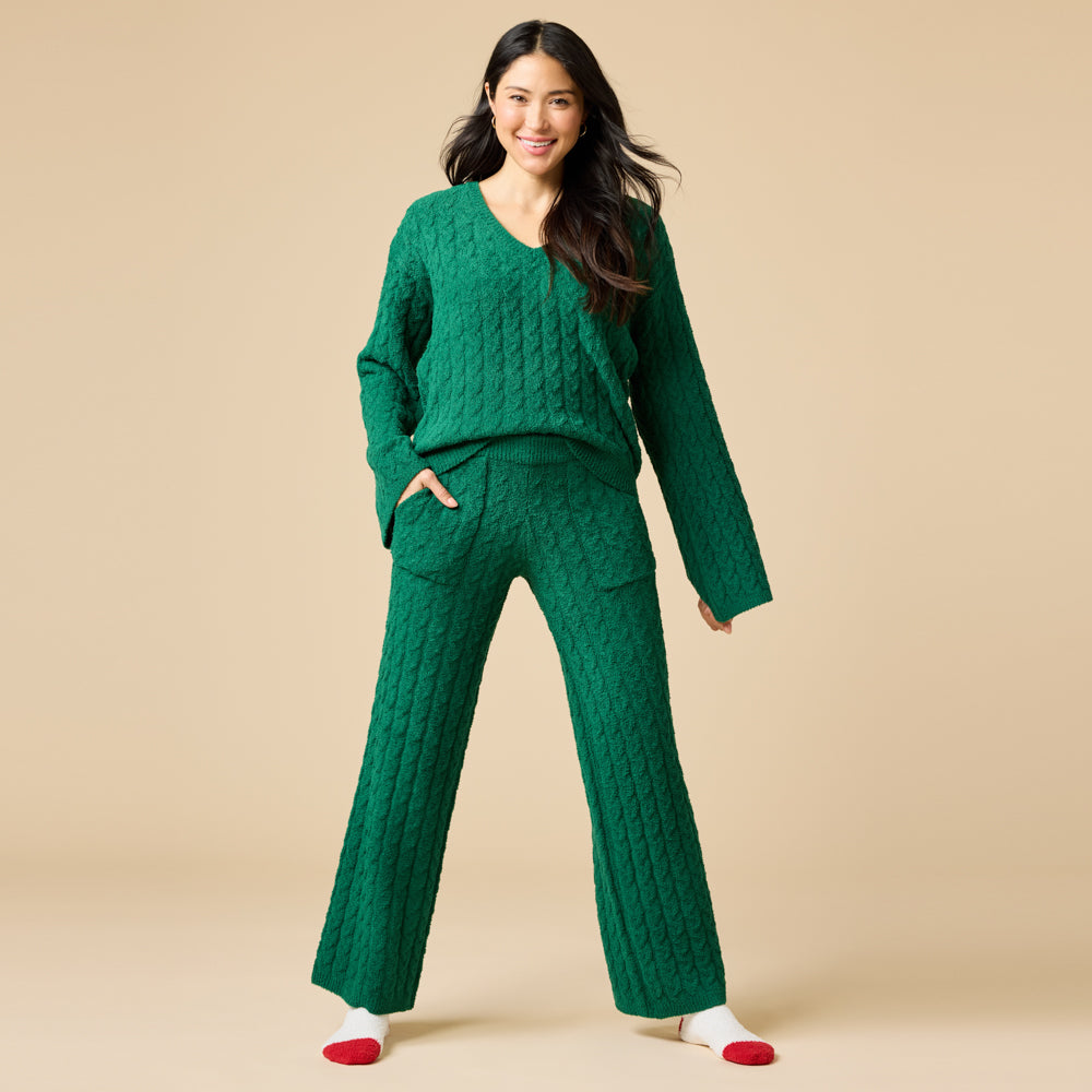 Cable Knit Marshmallow V-Neck with Flared Sleeve and Pant