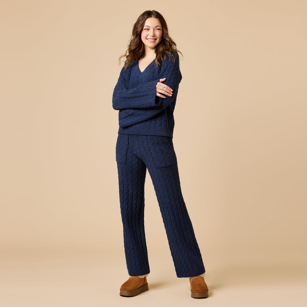 Cable Knit Marshmallow V-Neck with Flared Sleeve and Pant