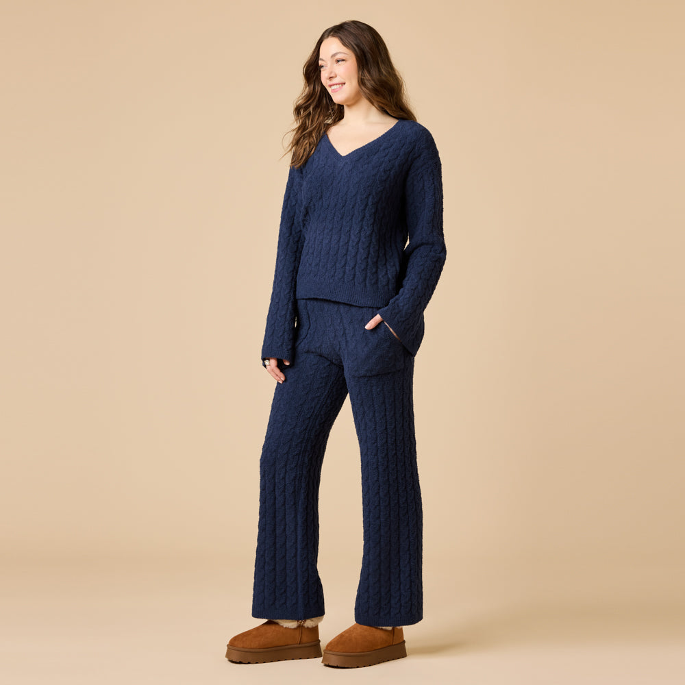 Cable Knit Marshmallow V-Neck with Flared Sleeve and Pant