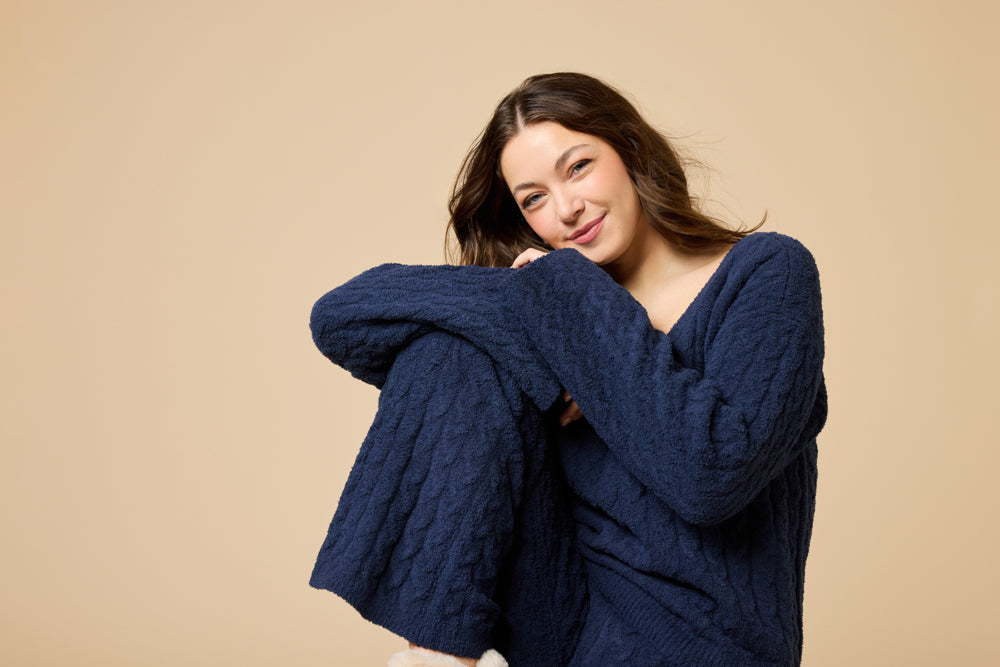 Cable Knit Marshmallow V-Neck with Flared Sleeve and Pant