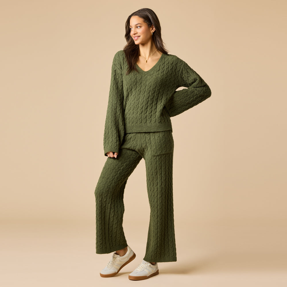 Cable Knit Marshmallow V-Neck with Flared Sleeve and Pant
