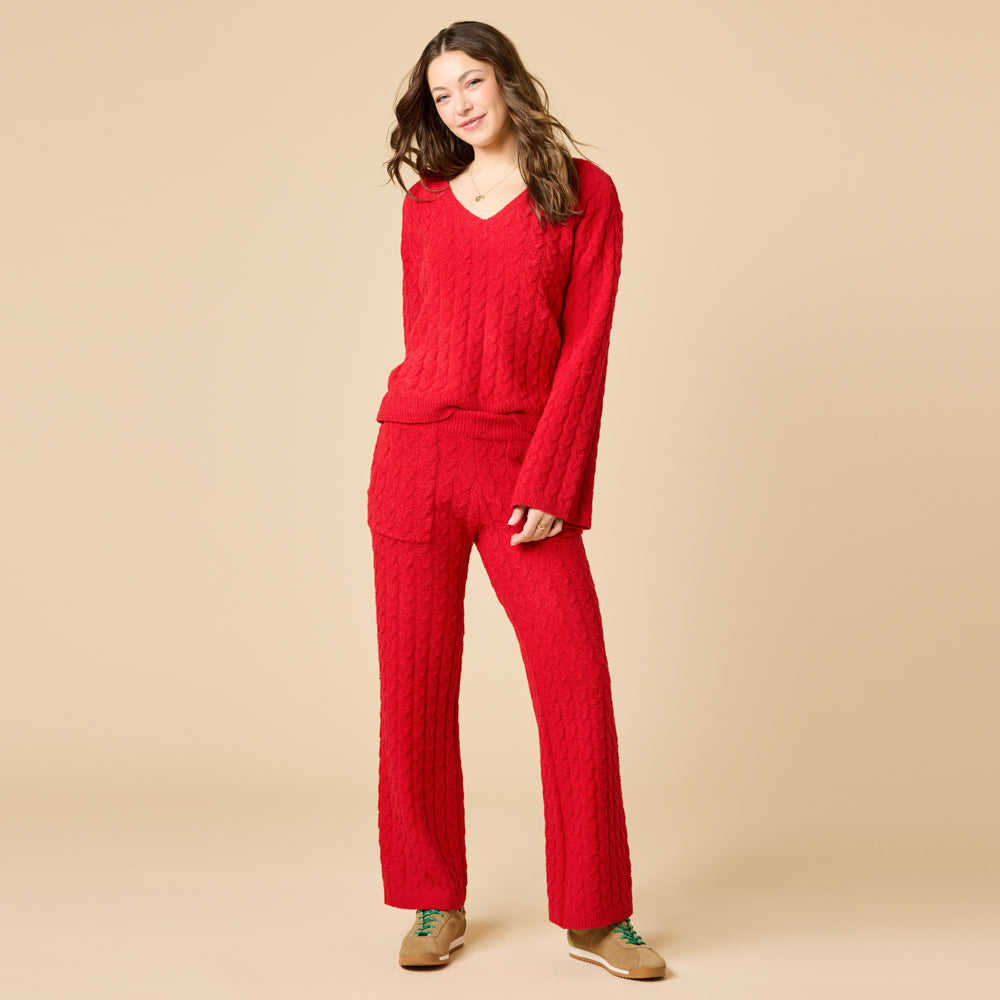 Cable Knit Marshmallow V-Neck with Flared Sleeve and Pant