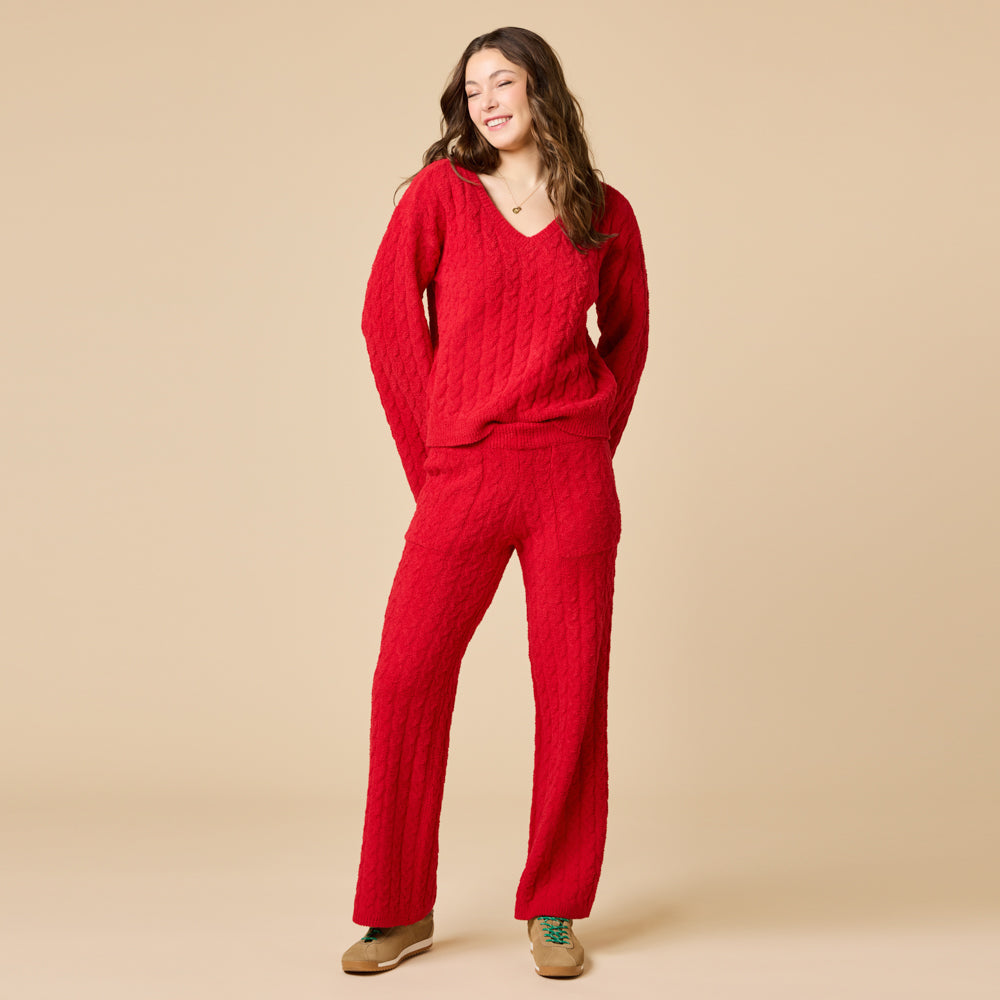 Cable Knit Marshmallow V-Neck with Flared Sleeve and Pant