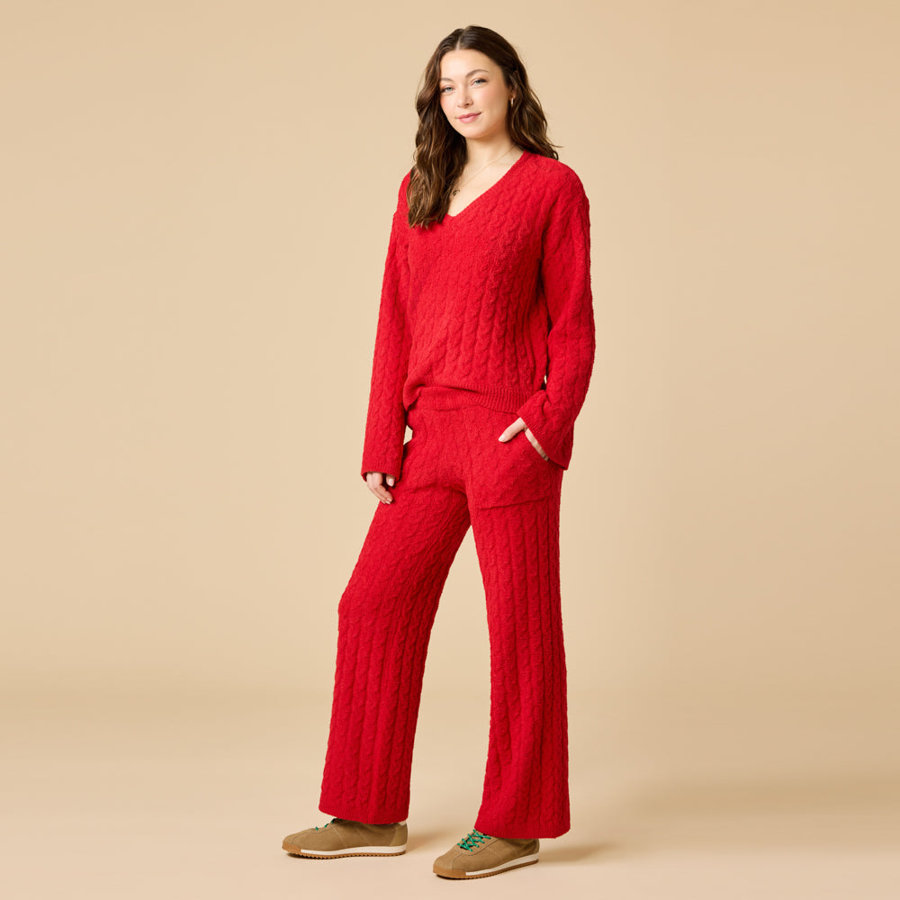 Cable Knit Marshmallow V-Neck with Flared Sleeve and Pant