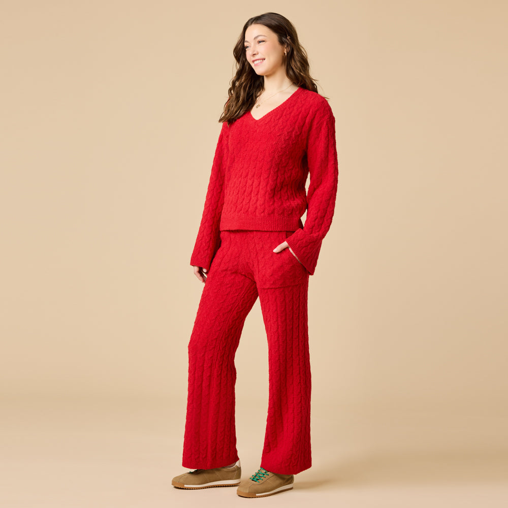 Cable Knit Marshmallow V-Neck with Flared Sleeve and Pant