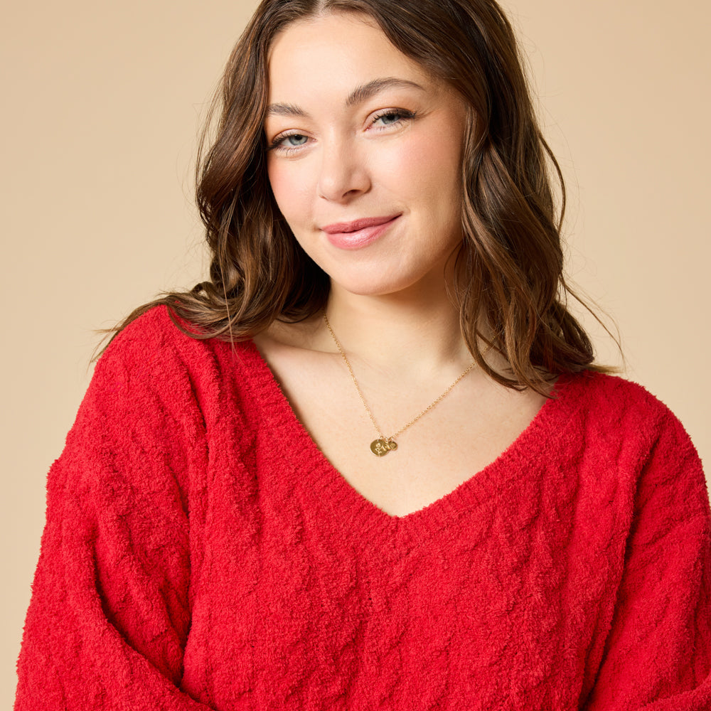 Cable Knit Marshmallow V-Neck with Flared Sleeve and Pant