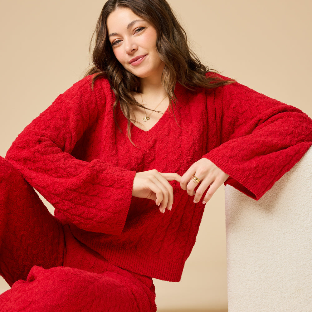 Cable Knit Marshmallow V-Neck with Flared Sleeve and Pant