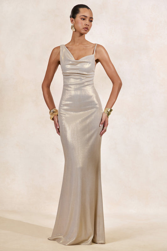 Galaxy Shimmer | Champagne Bias Cut Cowl Front Maxi Dress