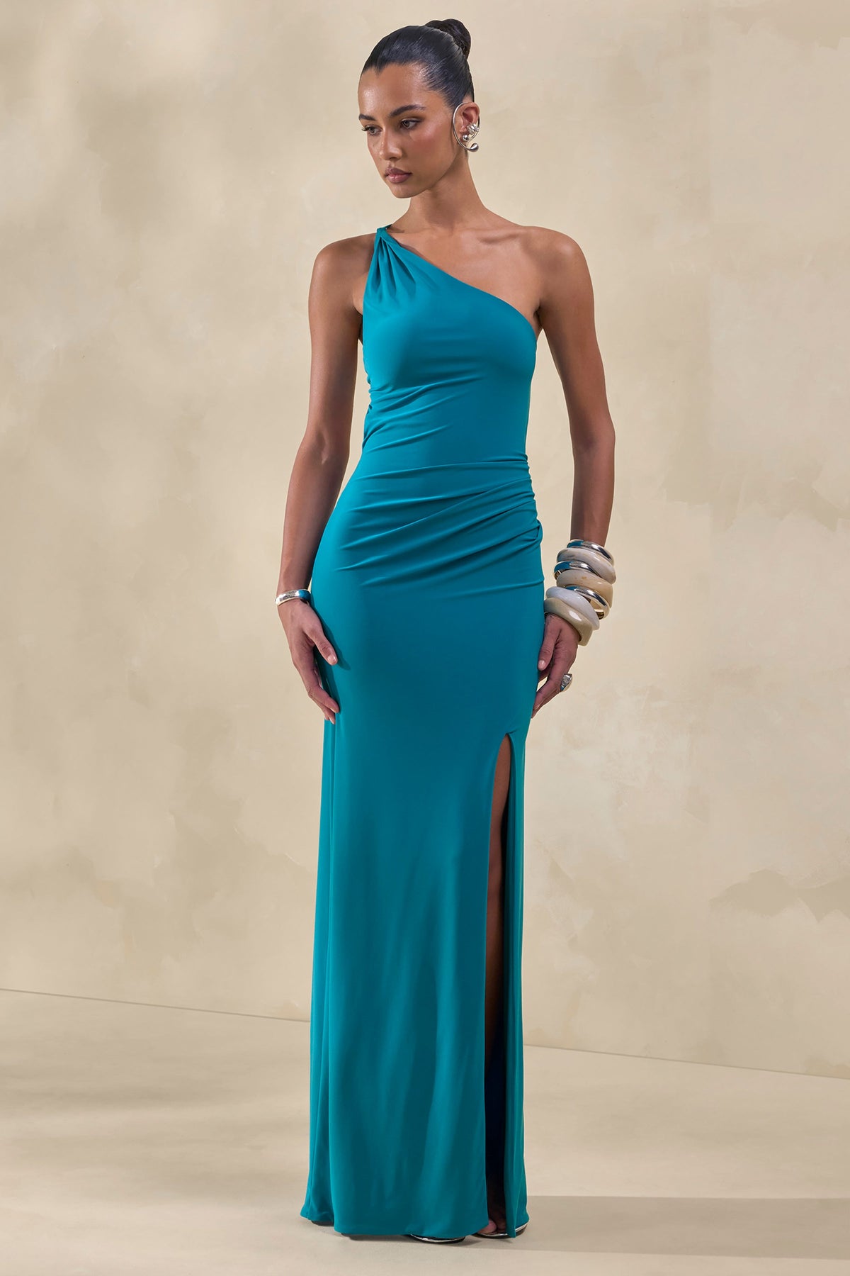 Dressing Up | Turquoise Jersey One Shoulder Maxi Dress With Twist Open Back Detail And Split