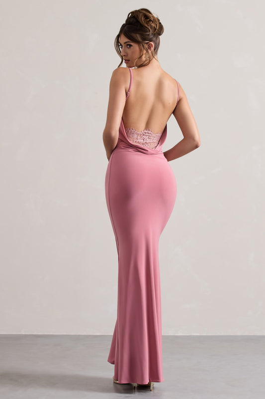 Francoise | Blush Cowl Neck Backless Maxi Dress With Lace Insert