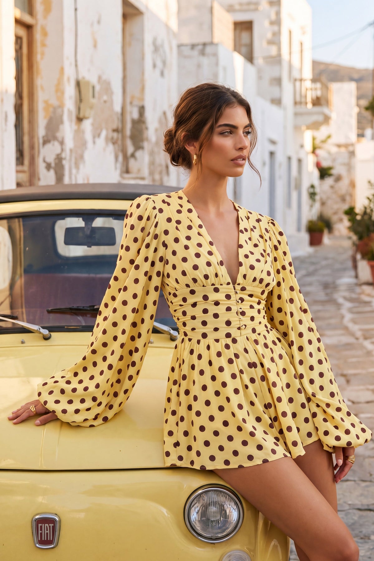 Laurel | Lemon Polka Dot V-Neck Balloon Sleeve Romper