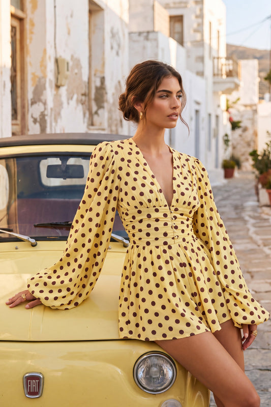 Laurel | Lemon Polka Dot V-Neck Balloon Sleeve Romper
