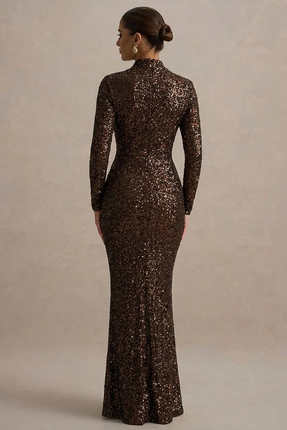 Galaxy | Brown Sequin High Neck Long Sleeve Maxi Dress