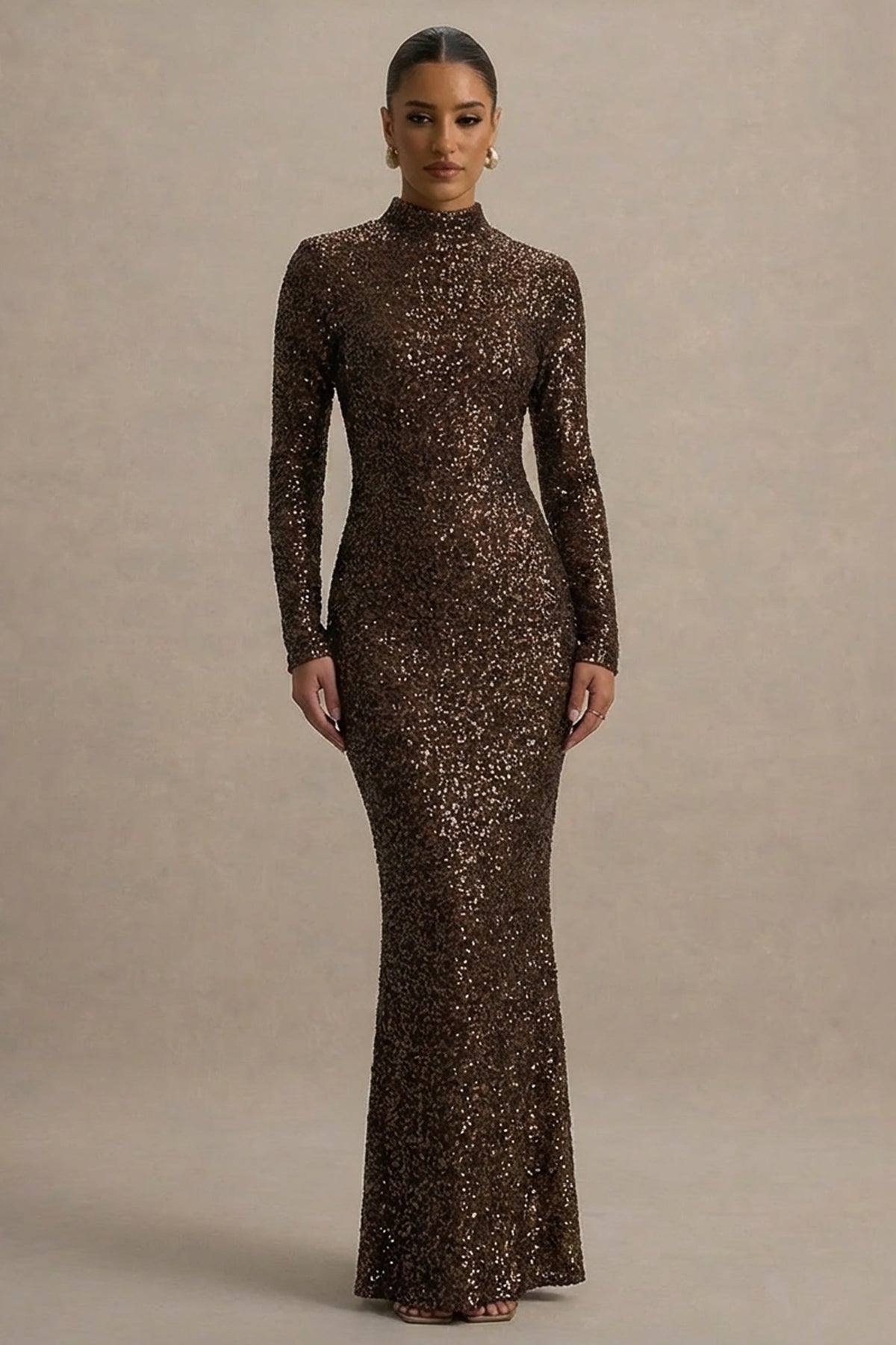 Galaxy | Brown Sequin High Neck Long Sleeve Maxi Dress