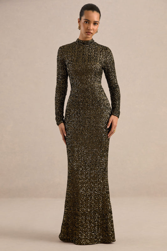 Galaxy | Khaki Sequin High Neck Long Sleeve Maxi Dress