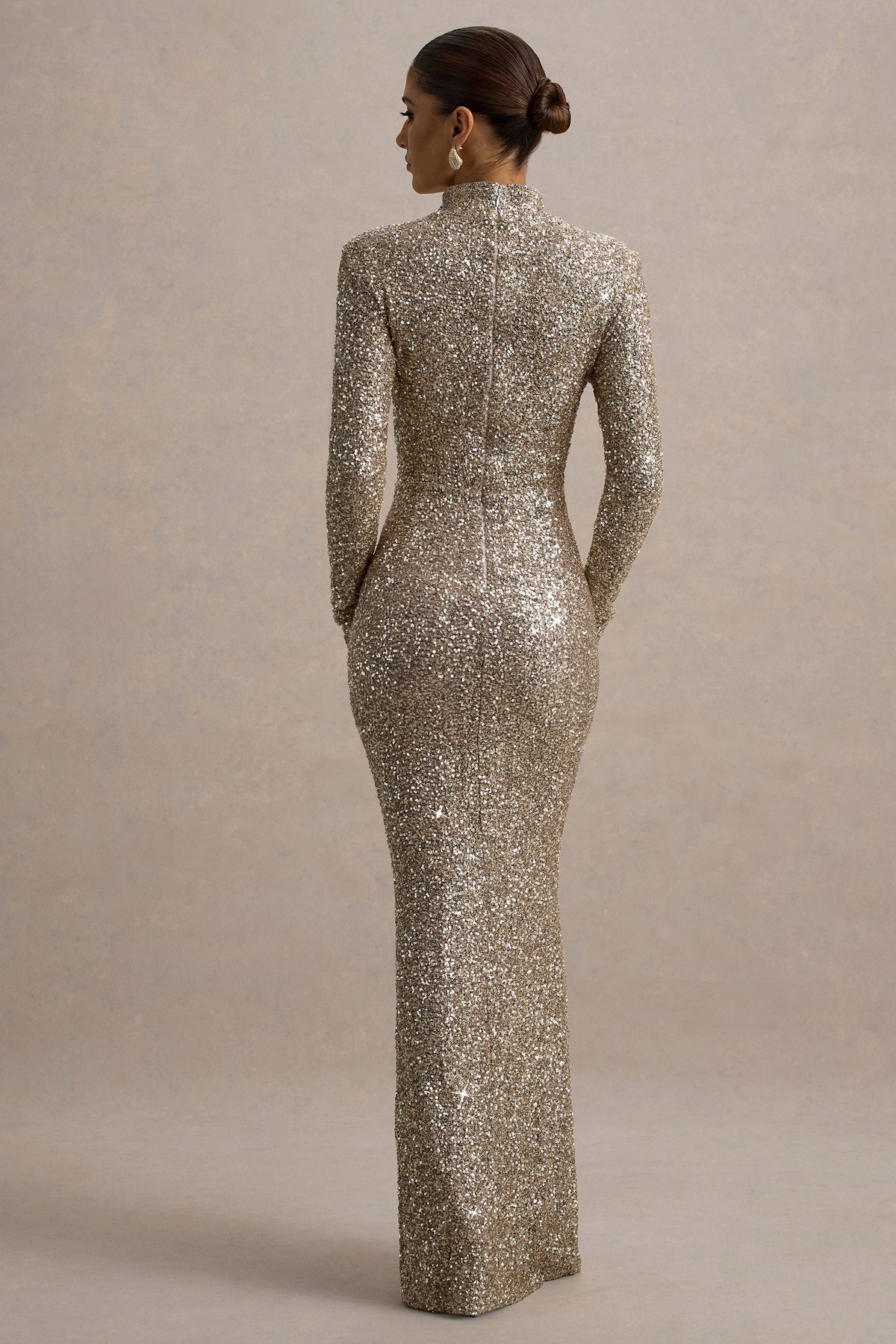 Galaxy | Champagne Sequin High Neck Long Sleeve Maxi Dress