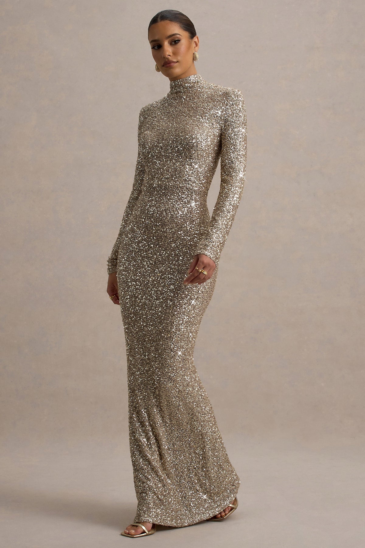 Galaxy | Champagne Sequin High Neck Long Sleeve Maxi Dress