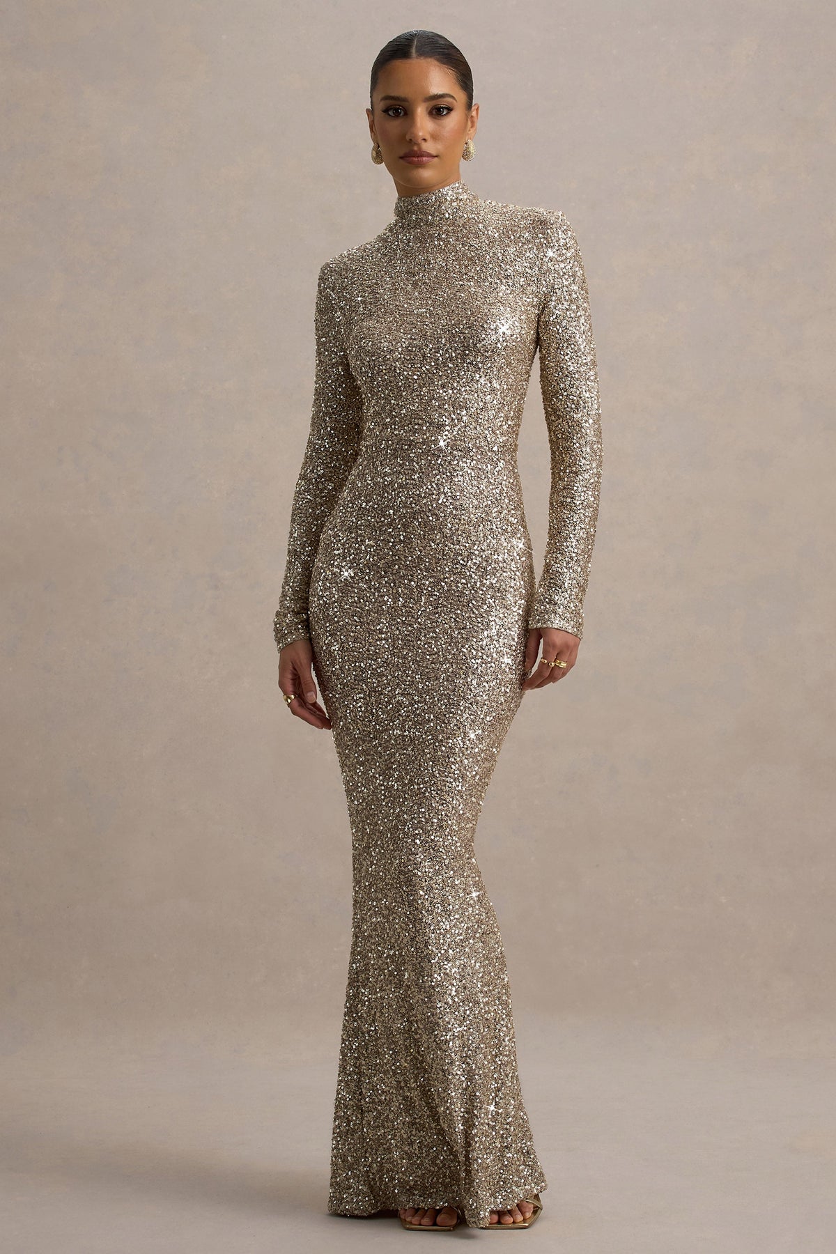 Galaxy | Champagne Sequin High Neck Long Sleeve Maxi Dress