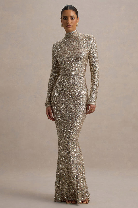 Galaxy | Champagne Sequin High Neck Long Sleeve Maxi Dress