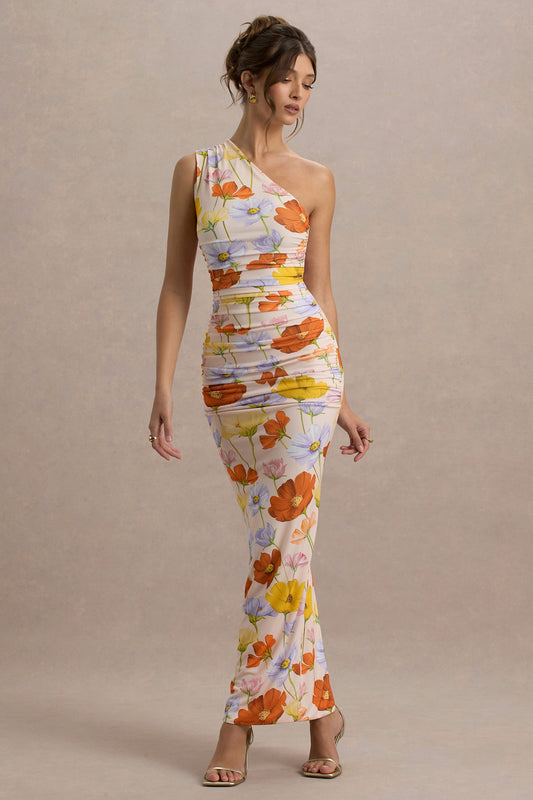Dalarie | Bright Floral Print One-Shoulder Gathered Maxi Dress