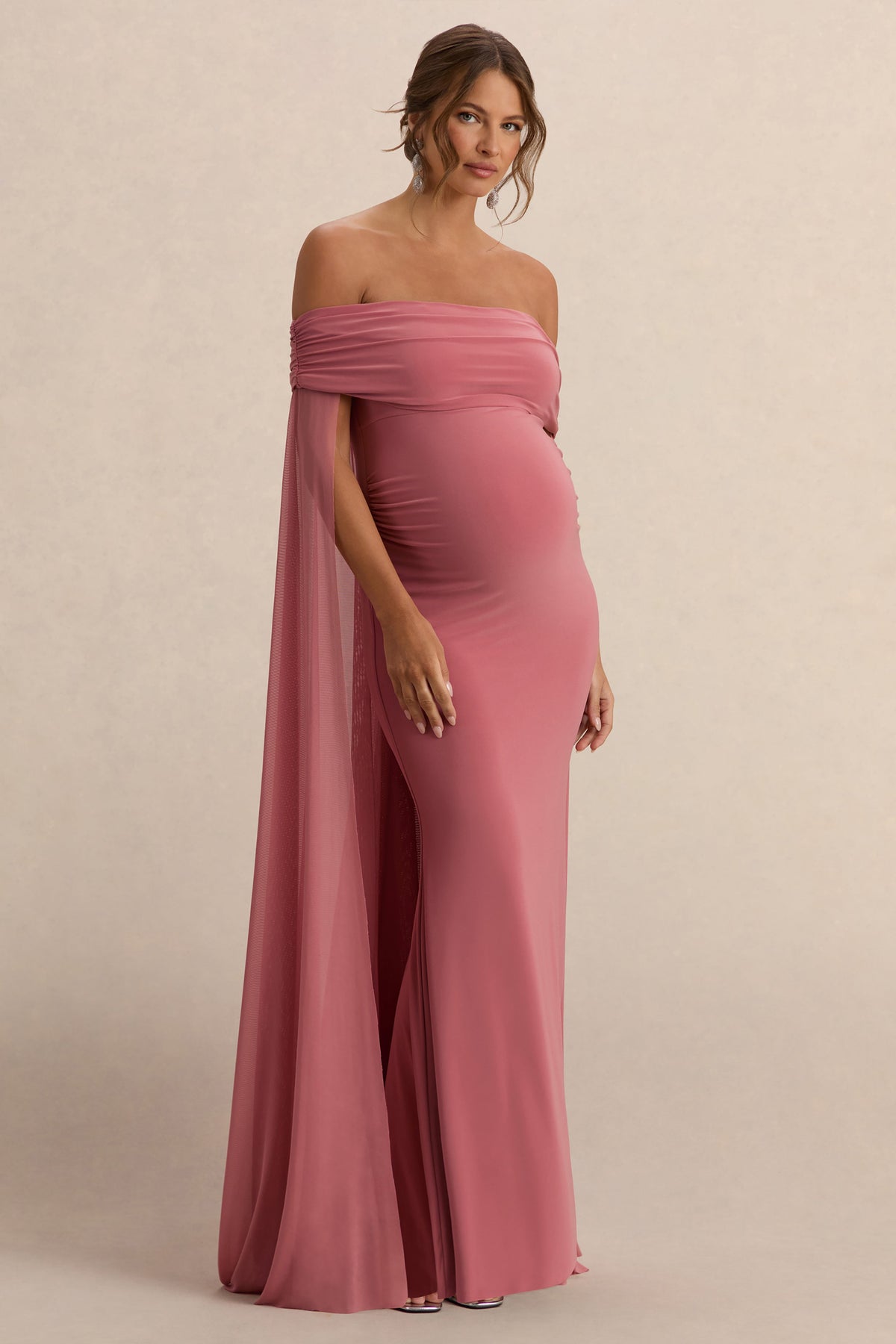 Carlotta | Blush Pink Bardot Maternity Maxi Dress With Mesh Cape