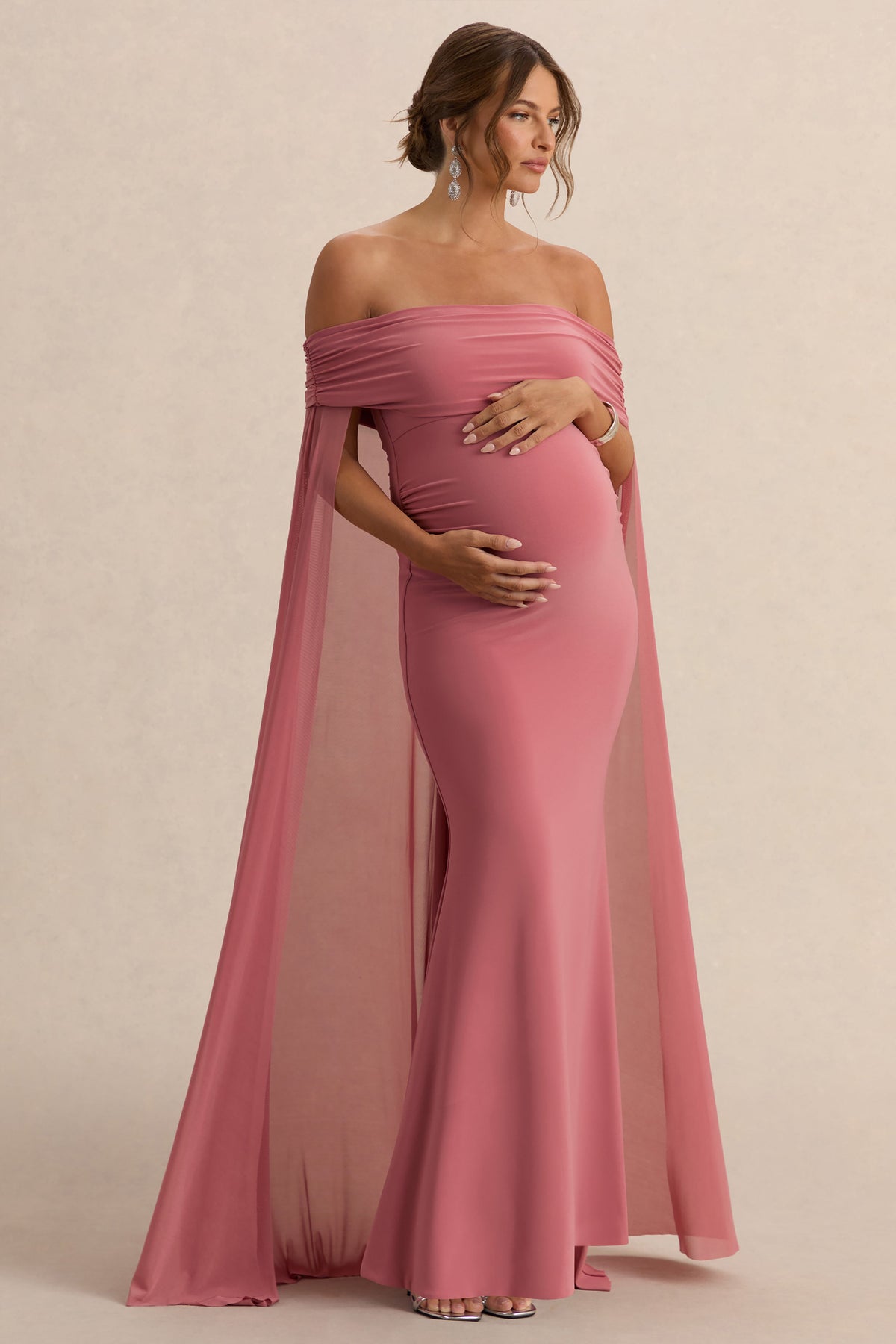 Carlotta | Blush Pink Bardot Maternity Maxi Dress With Mesh Cape
