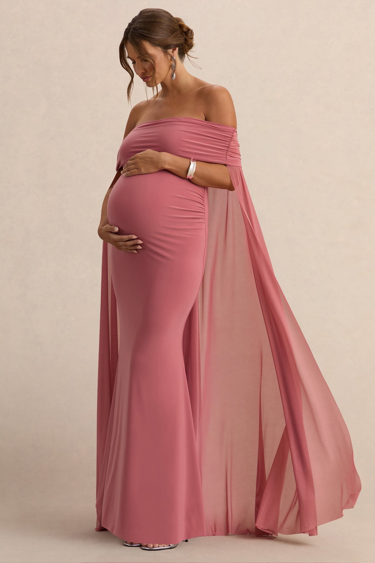 Carlotta | Blush Pink Bardot Maternity Maxi Dress With Mesh Cape