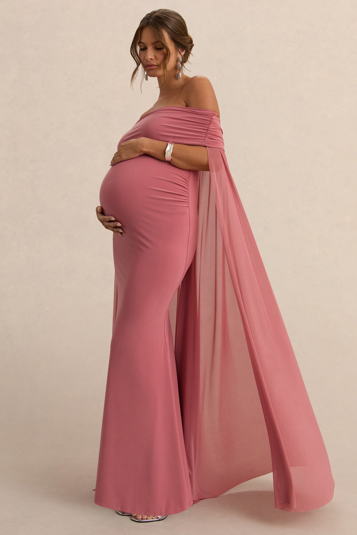 Carlotta | Blush Pink Bardot Maternity Maxi Dress With Mesh Cape
