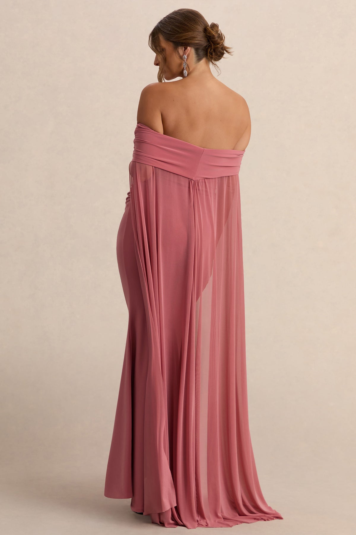 Carlotta | Blush Pink Bardot Maternity Maxi Dress With Mesh Cape