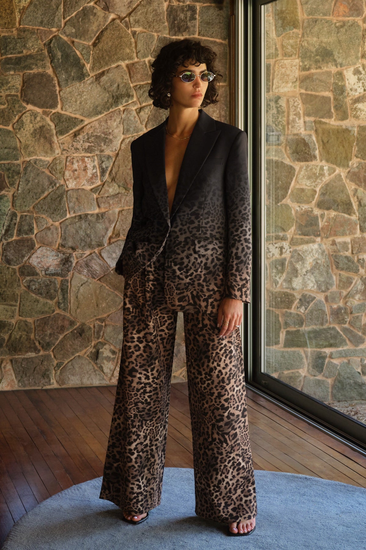 Hurley | Black Leopard Print Plunge Long Sleeve Tailored Blazer